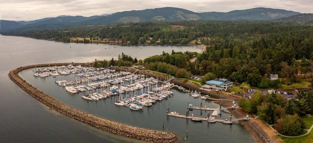 things to do in Sequim, aerial photo of the marina in downtown Sequim