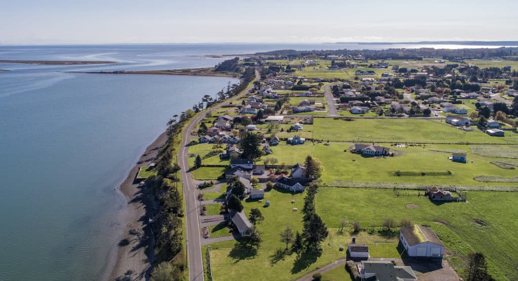 aerial view of Downtown Sequim and the Dungeness Spit